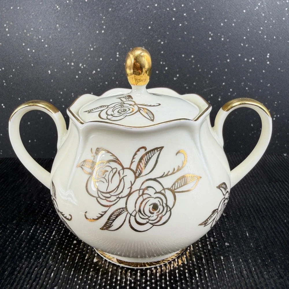 Bavaria Porcelain Sugar Bowl and Creamer Set Gold Rose Gilded Cream Vintage